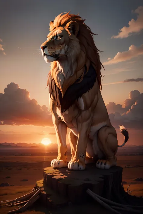 The image features a lion standing on top of a pile of bones, with a sunset in the background. The lion appears to be majestic and powerful, and the bones create a dramatic and eerie atmosphere. The scene might represent a moment of triumph or a reminder o...