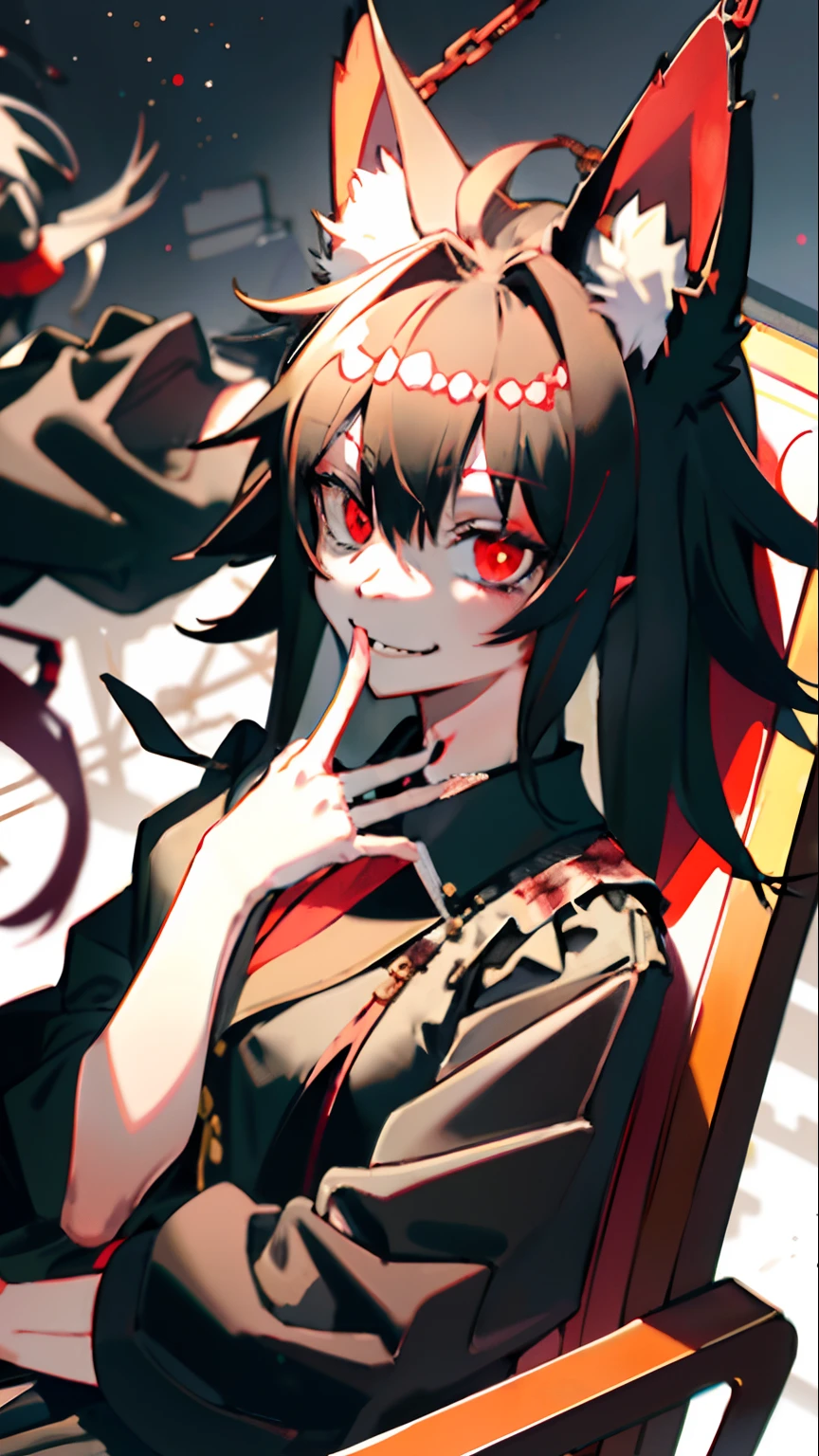 whaite hair，Black ears，Girl fox girl，sit on chair，black toga，Red eyes，A hideous smile，Blood on the face，blacksilk，Place your hands on your crotch