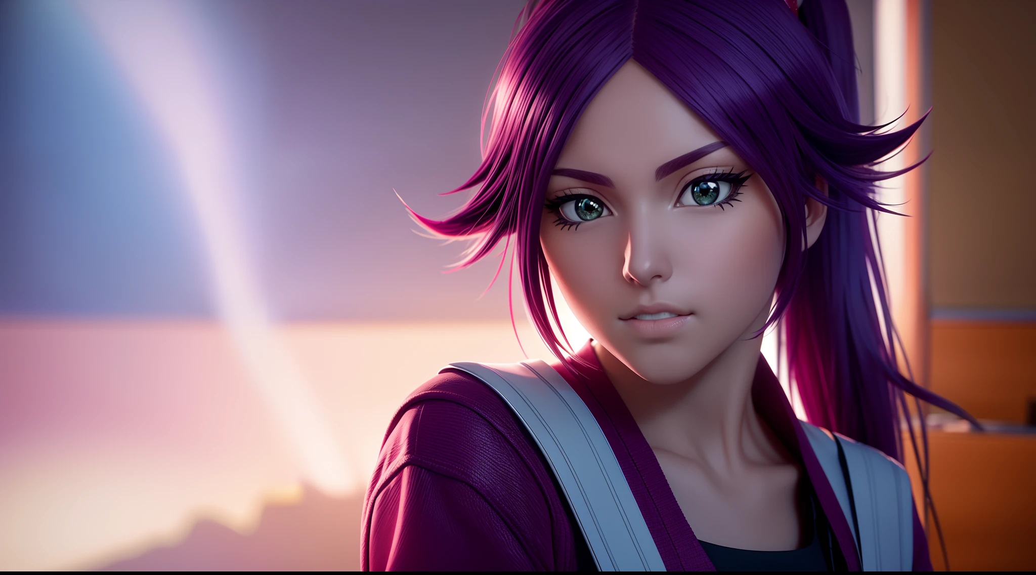 focused upper body, 1 girl, yoruichi shihoin, big bust, sparkling eyes, (((classroom background))), Colorful beautiful girl: ponytail dark purple hair, nice perfect face with soft skinice perfect face, intricate detail, splash screen, 8k resolution, masterpiece, artstation digital painting smooth, 8k resolution photorealistic masterpiece, professional photography, natural lighting, volumetric lighting maximalist photoillustration: by marton bobzert