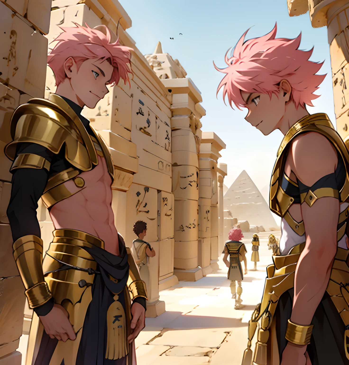 Several 14-year-old boys in a fist in Egypt A 15-year-old boy with pink hair is a man who has honey-colored eyes at the bottom of ancient Egypt you can see the pyramids