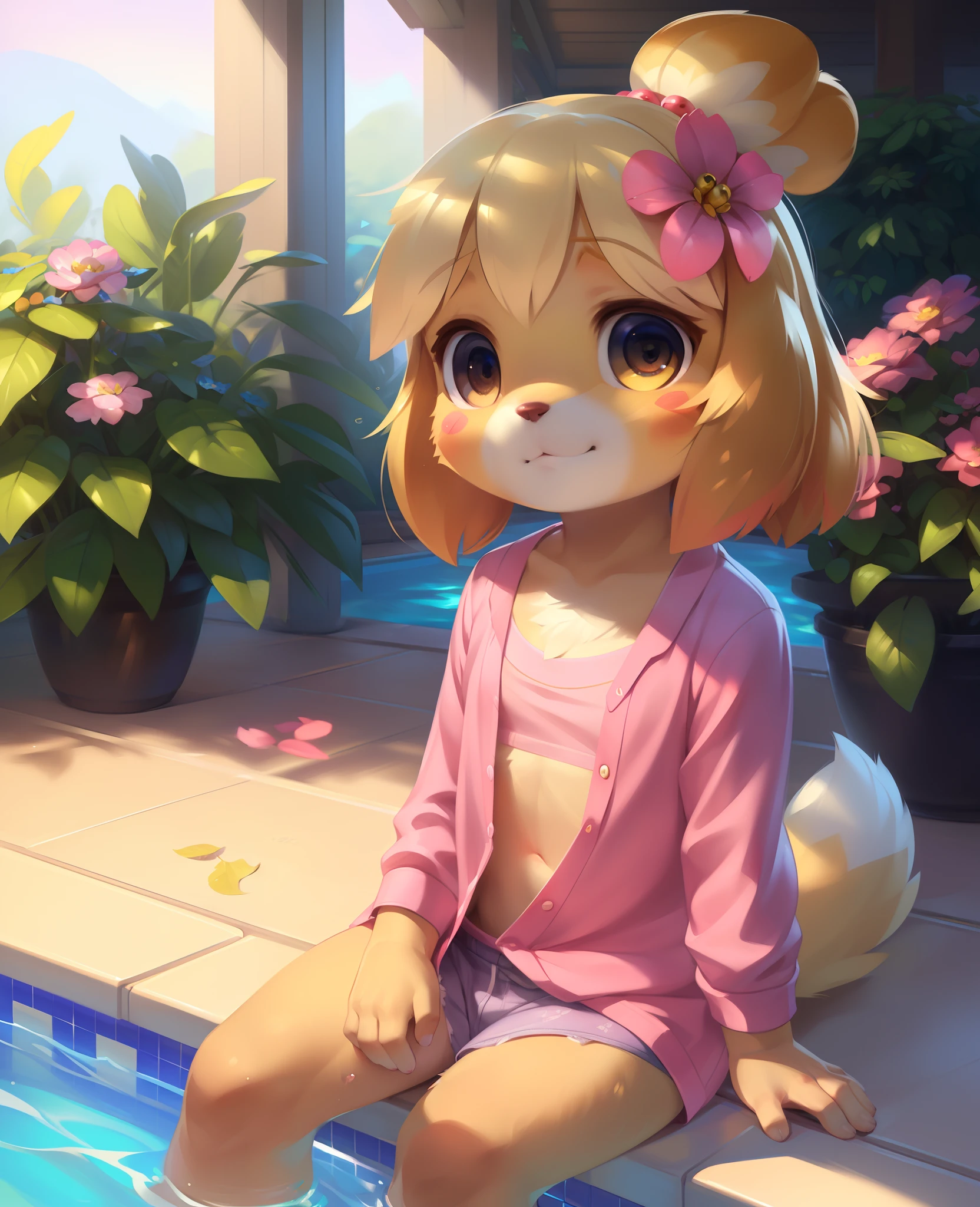 uploaded on e621, ((by Pino Daeni, by Ruan Jia, by Fumiko, by Levelviolet, by Supplesee)), kemono, dagasi, solo female isabelle \(animal crossing\) in animal form with tiny and short body with yellow fur (wearing pink shirt:1.4)  with leaf patterns and (no pants:1.4) and white belly and top knot and (bells:1.2), ((feral)), ((flat chest)), (detailed fluffy fur), (half-lengthportrait, front view, looking at viewer), BREAK, (sitting in hotel swimming pool bench with plant and flower), (detailed background, depth of field, half body shadow, sunlight, ambient light on the body), (intricate:1), (high detail:1.3), (unreal engine:1.2), (soft focus:1.15), [explicit content, questionable content], (masterpiece, best quality, 4k, 2k, shaded, absurd res)