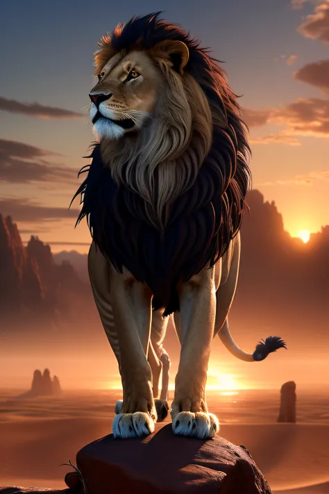 A lion stands on a rock in the desert at sunset., 8k high quality detailed art, 4k highly detailed digital art, Amazing wallpapers, beautiful digital artwork, 4K detailed digital art, 4 k highly detailed art, Amazing 8k artwork, 2 full-fledged lions, Highl...