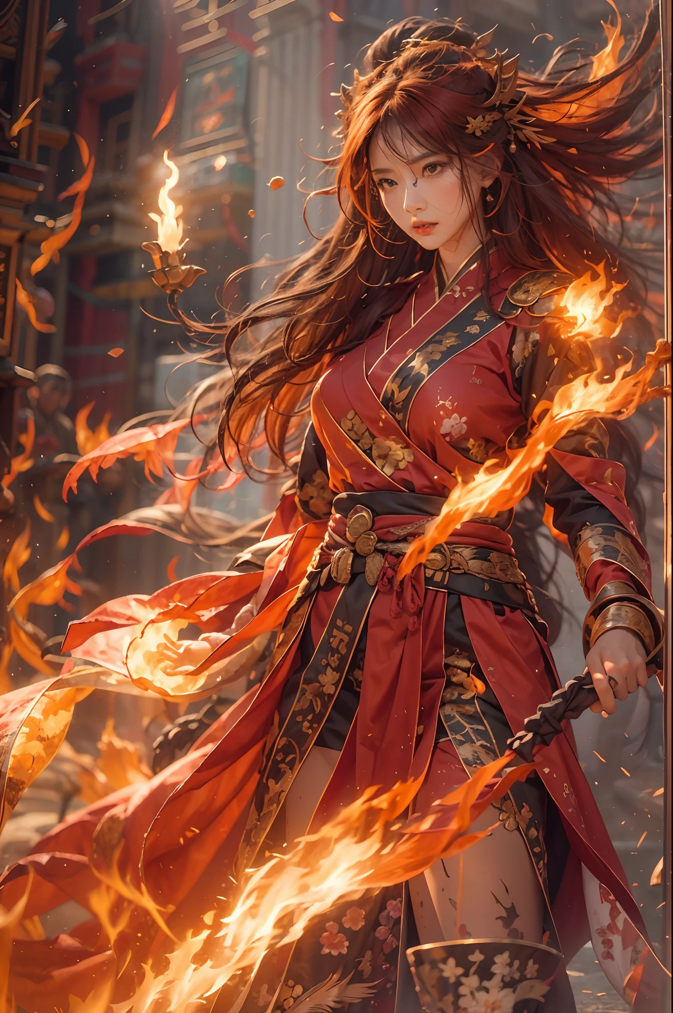 1girll，Flame mage dressed in fiery red（Chinese Hanfu），The robe was embroidered with intricate runes and ornaments，Exudes a burning breath。He was tall and strong，Hands up，Powerful fire spells are being unleashed。His eyes were firm and sharp，A flash of fire flashed in his eyes，Behind the Flame Mage，（A huge flame phoenix spread its wings and flew：1.2），（The feathers of the phoenix burned with a roaring flame），It shines brightly，Its body is surrounded by flames，Flame feathers danced，Form a spectacular flaming six-pointed star array pattern，Full of mysterious magic，The whole scene is full of fiery aura and passion for fighting，Large areas of flame spells bloomed in the air，A brilliant arc of flame and flying sparks formed，（Flame Mage and Phoenix），It appears majestic and mysterious in the midst of raging fires，Like the embodiment of fire and magic，red hair，high detal，Ultra-realistic realism，Verism，（（Bust photo）），（real photograph：1.4），（lightand shade contrast），cinmatic lighting，Realistic special effects，C4D Rendering，rendering by octane，Ray traching，in a panoramic view，angle of view，textureskin，super detailing，hyper HD，tmasterpiece，anatomy correct，best qualtiy，A high resolution，8k