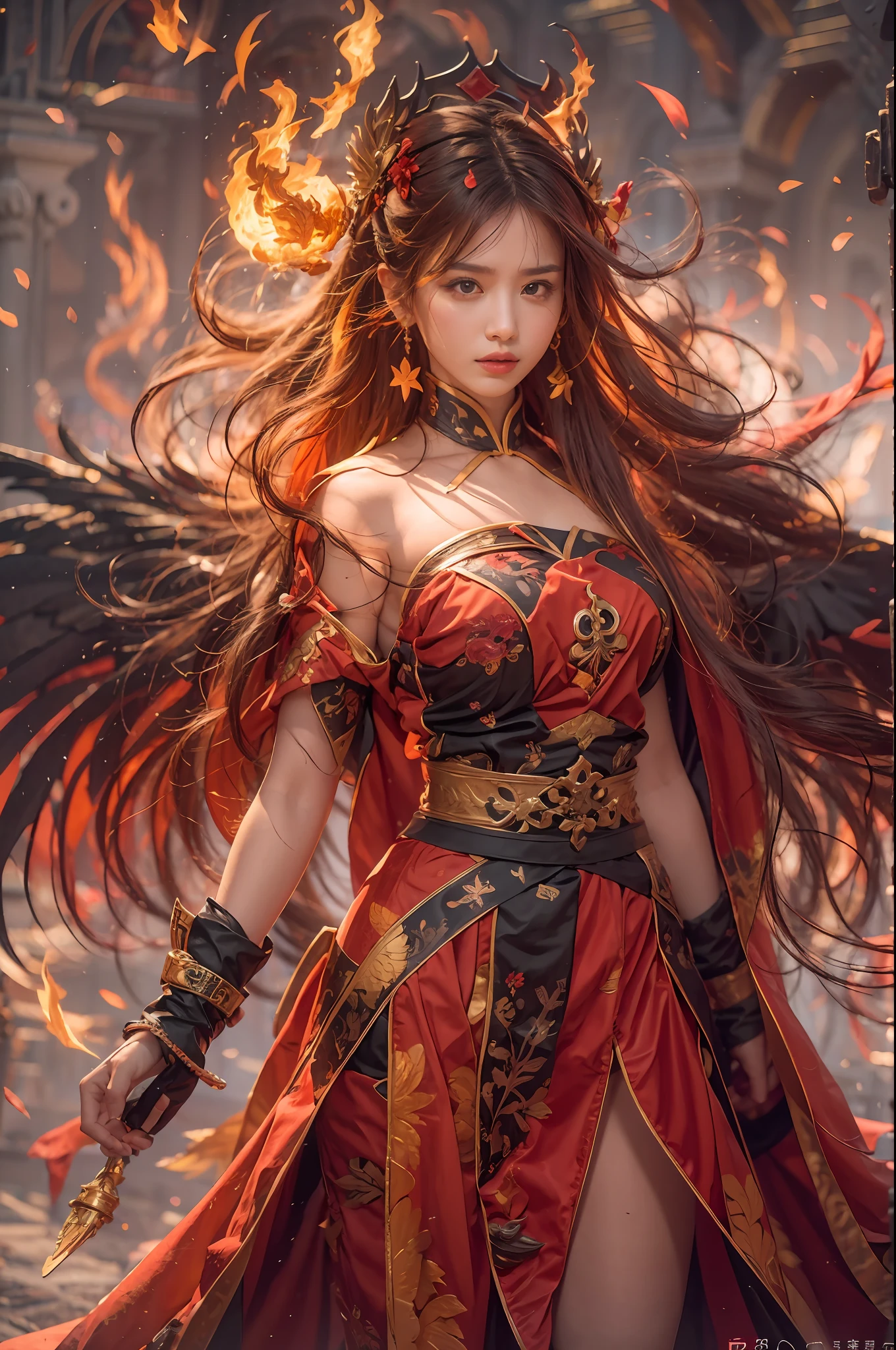 1girll，Flame mage dressed in fiery red（Chinese Hanfu），The robe was embroidered with intricate runes and ornaments，Exudes a burning breath。He was tall and strong，Hands up，Powerful fire spells are being unleashed。His eyes were firm and sharp，A flash of fire flashed in his eyes，Behind the Flame Mage，（A huge flame phoenix spread its wings and flew：1.2），（The feathers of the phoenix burned with roaring flames），It shines brightly，Its body is surrounded by flames，Flame feathers danced，Form a spectacular flaming six-pointed star array pattern，Full of mysterious magic，The whole scene is full of fiery aura and passion for fighting，Large areas of flame spells bloomed in the air，A brilliant arc of flame and flying sparks formed，（Flame Mage and Phoenix），It appears majestic and mysterious in the midst of raging fires，Like the embodiment of fire and magic，red hair，high detal，ultra-realistic realism，Verism，（（Bust photo）），（real photograph：1.4），（lightand shade contrast），cinmatic lighting，Realistic special effects，c4d渲染，rendering by octane，Ray traching，in a panoramic view，angle of view，textureskin，super detailing，hyper HD，tmasterpiece，anatomy correct，best qualtiy，A high resolution，8K