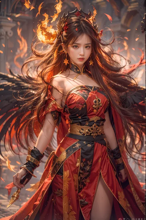 1girll，Flame mage dressed in fiery red（Chinese Hanfu），The robe was embroidered with intricate runes and ornaments，Exudes a burni...