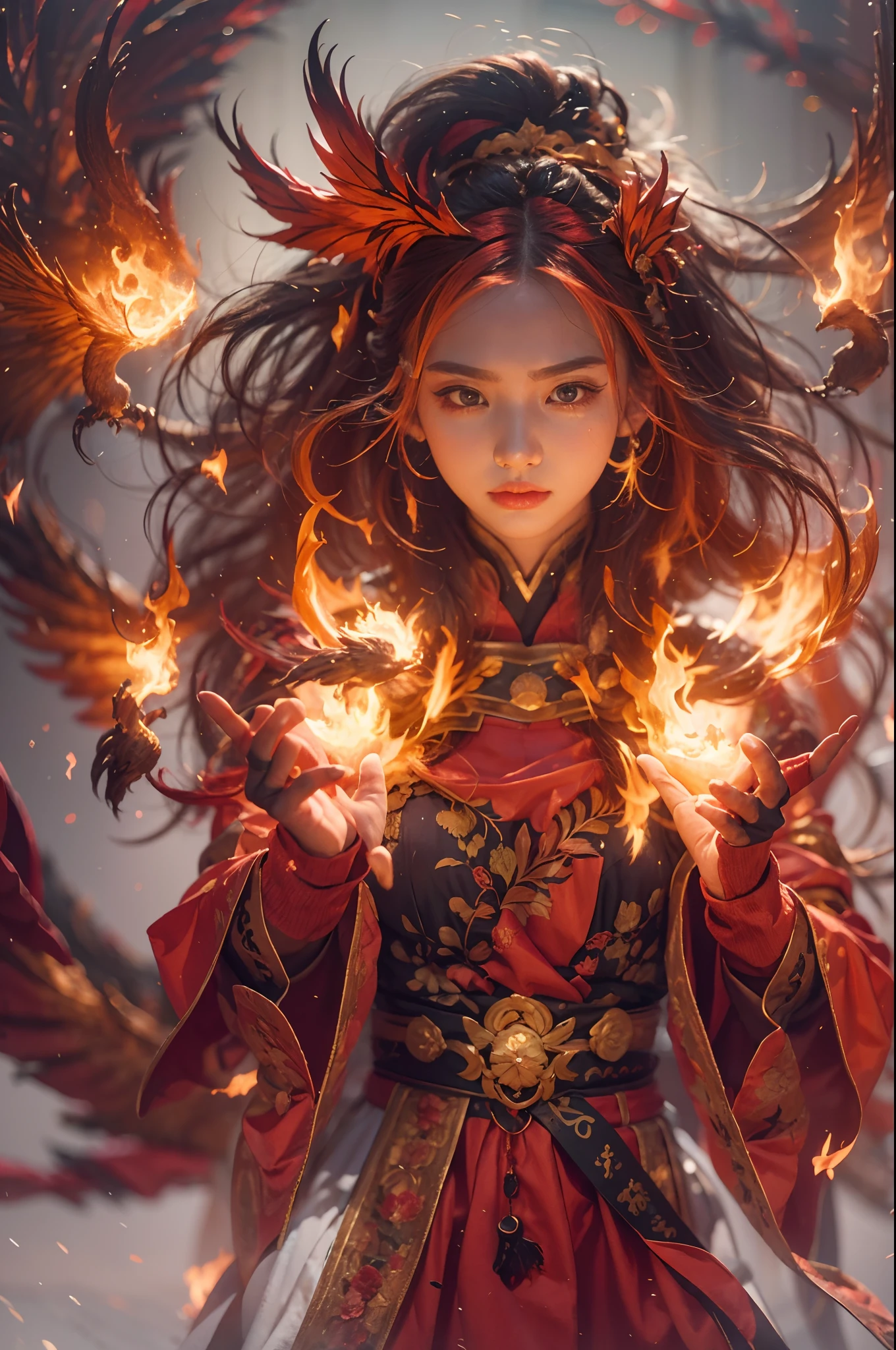 1女孩，身着火红衣服的火焰法师（中国汉服），这件长袍上绣着复杂的符文和装饰，散发着灼热的气息。他又高又壮，举手，强大的火焰法术正在被释放。他的目光坚定而锐利，他眼中闪过一丝火光，火焰法师的背后，（一只巨大的火焰凤凰展翅飞来：1.2），（凤凰的羽毛燃烧着熊熊的火焰），它闪闪发光，它的身体被火焰包围，火焰羽毛飞舞，形成壮观的火焰六角星阵列图案，充满神秘魔力，整个场面充满火热气息和战斗激情，大片火焰法术在空中绽放，一道绚丽的火弧和飞溅的火花形成了，（火焰法师和凤凰），在熊熊烈火中显得雄伟而神秘，仿佛火焰与魔法的化身，红发，高细节，超现实主义，真实主义，（（胸围照片）），（真实照片：1.4），（明暗对比），电影灯光，逼真的特效，c4d渲染，辛烷值渲染，射线追踪，全景，视角，纹理皮肤，超级细节，超高清，杰作，解剖正确，最好的品质，高分辨率，8千