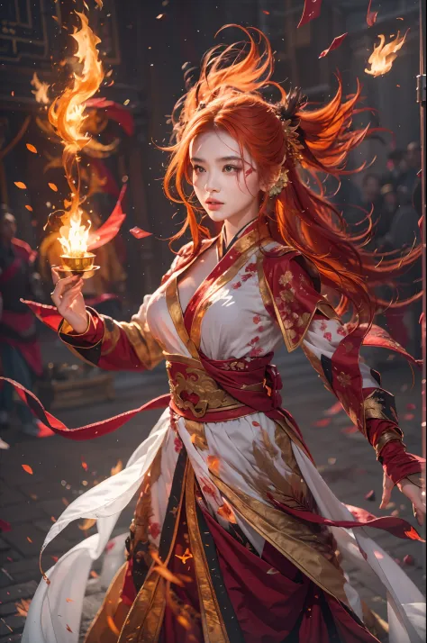 1girll，Flame mage dressed in fiery red（Chinese Hanfu），The robe was embroidered with intricate runes and ornaments，Exudes a burni...