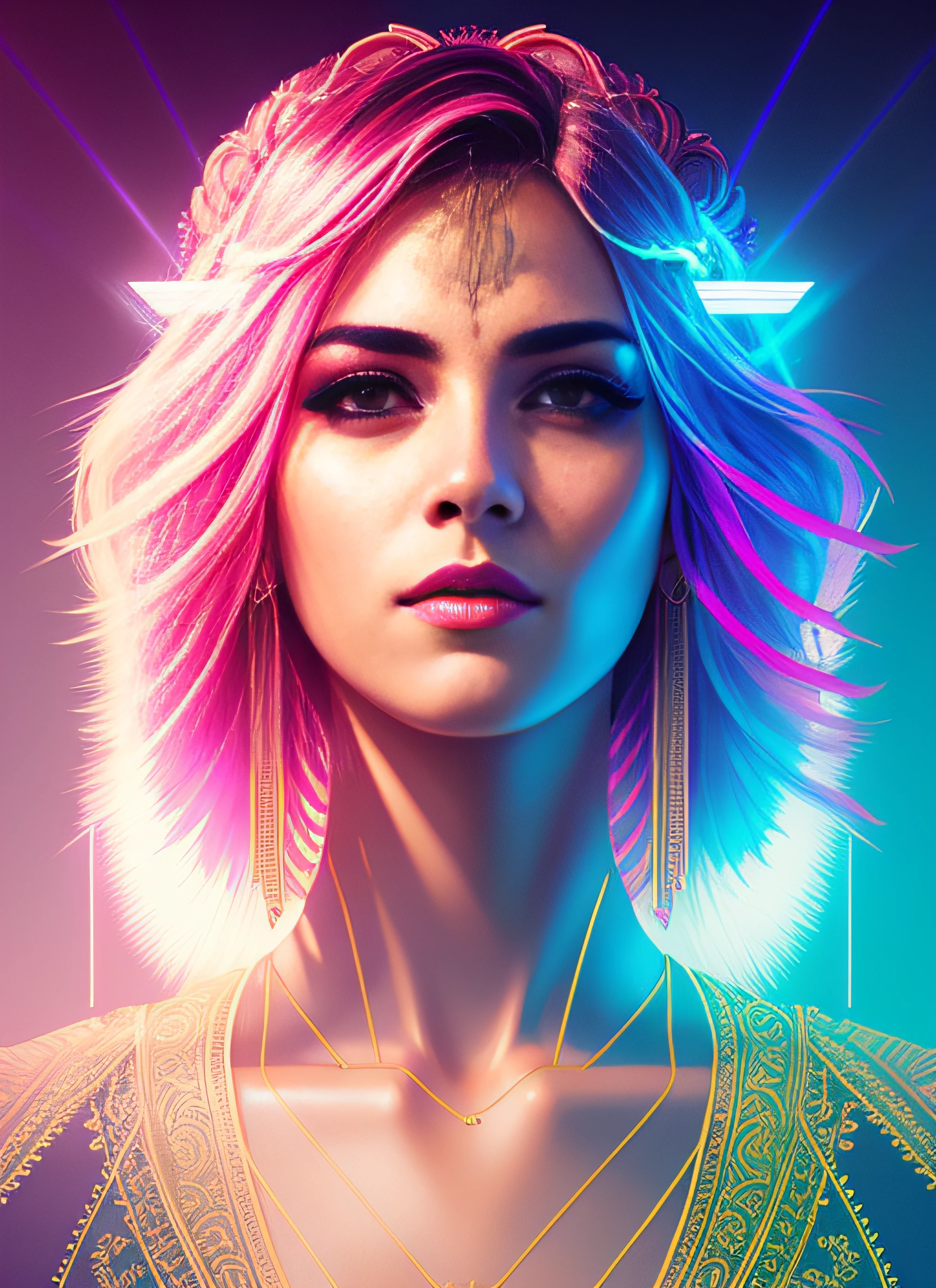 (estilo swpunk:1) retrato synthwave de uma mulher como uma bela deusa, raios de luz, bandas de luz, Lightgeo, beautiful intricado filegrid facepaint, intricado, elegante, altamente detalhado, pintura digital, arte conceitual