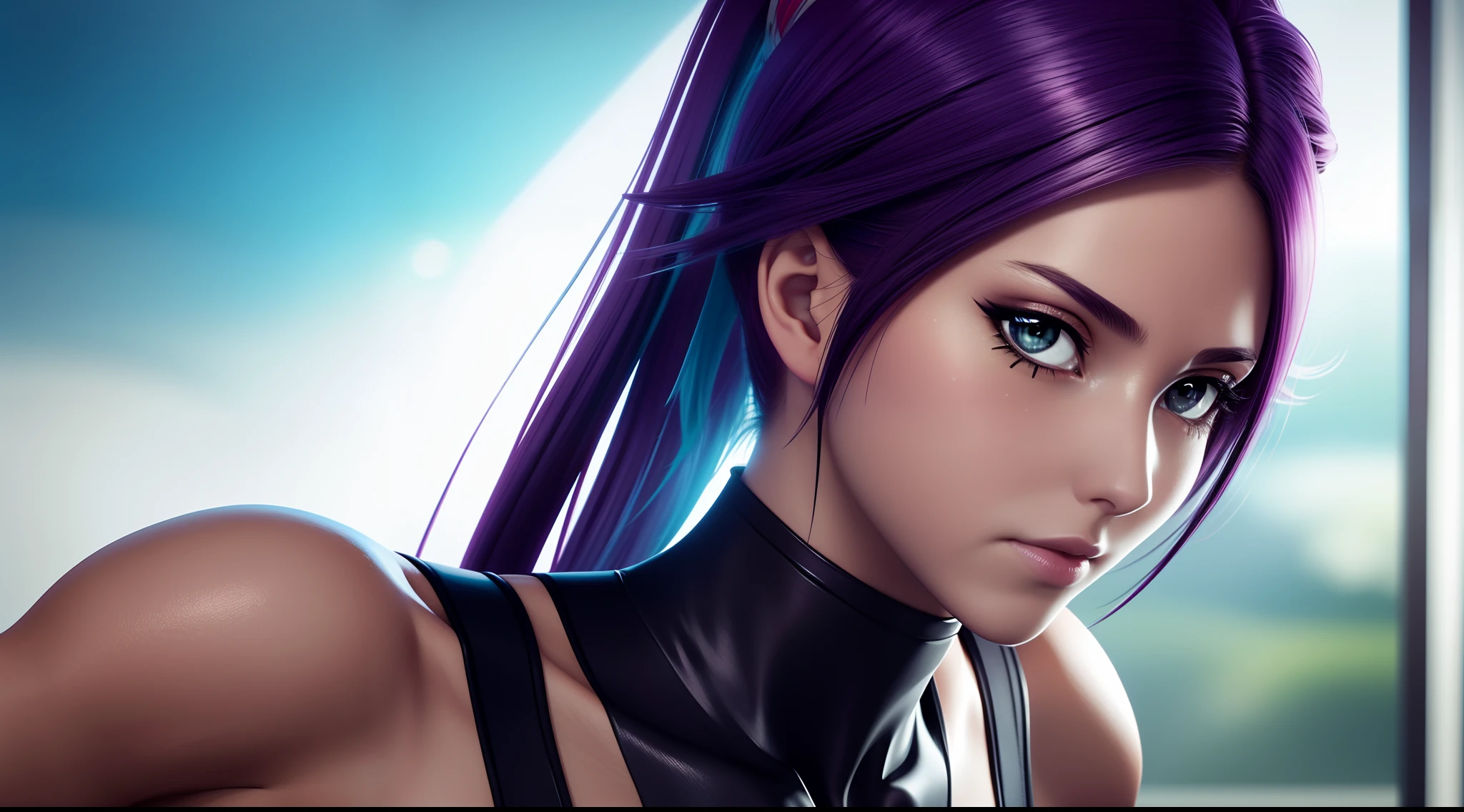focused upper body, 1 girl, yoruichi shihoin, big breast bust, sparkling eyes, (((training room background))), Colorful beautiful girl: ponytail dark purple hair, nice perfect face with soft skinice perfect face, intricate detail, splash screen, 8k resolution, masterpiece, artstation digital painting smooth, 8k resolution photorealistic masterpiece, professional photography, natural lighting, volumetric lighting maximalist photoillustration: by marton bobzert