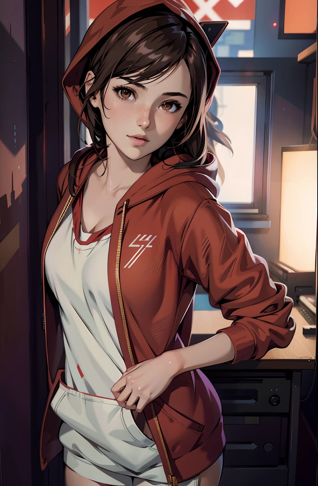 aqui está uma mulher em pé em um quarto, estilo realista de anime 3d, Arte CG suave de anime, artgerm e atey ghailan, Garota de anime cyberpunk em Red Hoodie, ilustração digital de anime, obra de arte no estilo de guweiz, renderização fotorrealística de uma garota de anime, pintado em estúdio de pintura de anime, retrato de alta qualidade, fanart de garota urbana