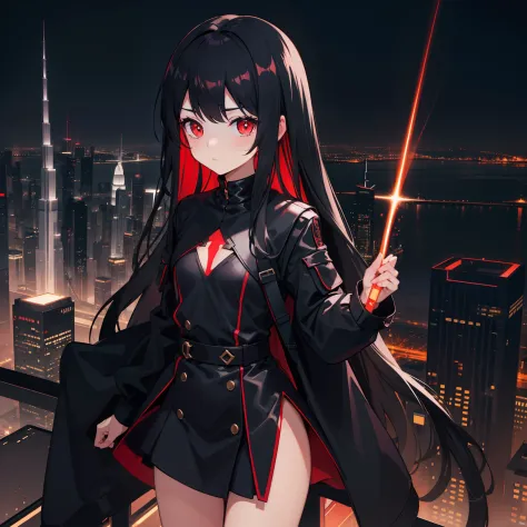 a loli with long black hair, red glowing eyes, small body, black suit, standing, facing the city, ultra detailed Burj Khalifa