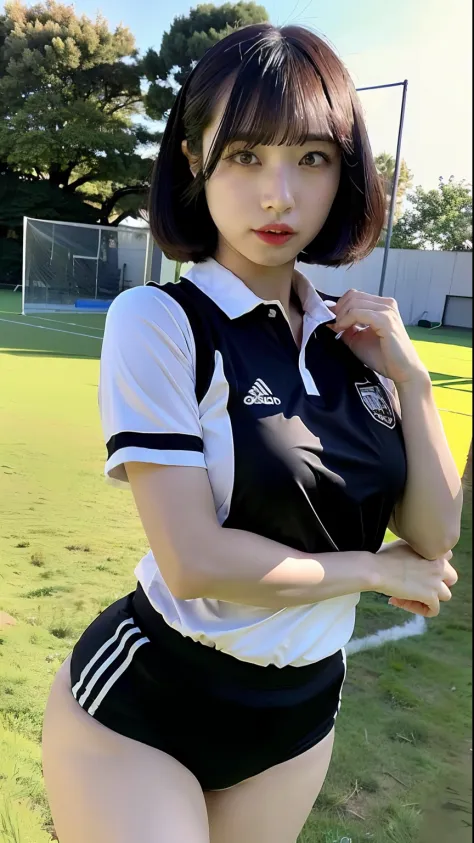 (top-quality、8K、32K、​masterpiece、nffsw:1.2)、Photo of a cute Japanese woman、Black short hair、beauitful face、(full body Esbian:1.3)、(a closeup:1.4)、Volleyball Uniforms、G-cup big breasts、(beautiful nipple slips:0.9)、Volleyball Court、the wind、shinny skin、blurr...