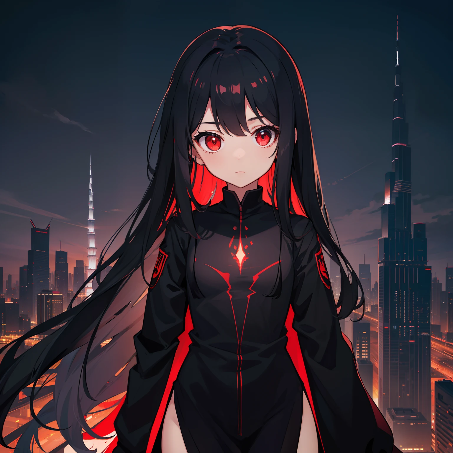 a loli with long black hair, red glowing eyes, small body, black suit, standing, facing the city, ultra detailed Burj Khalifa