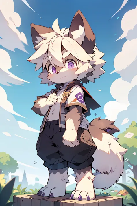 solo person，shaggy male，hairy bodies，shoun，coyote，canid，Gray fur，long  white hair，The ends of the hair are purple，Purple eye，Bullied，adolable，Handsome，large tail，full bodyesbian，Stand on the clouds，Immortals，Deities，Libido boy，Shota