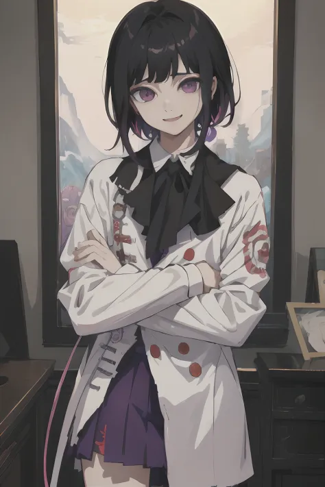 (Masterpiece, Best Quality:1.2), Cowboy shot, 独奏, male focus, 1boy, Own kokichi, grin, looking a viewer, crossed arms, Demon Slayer Uniform, schizophrenia, Creepy abstraction in the background