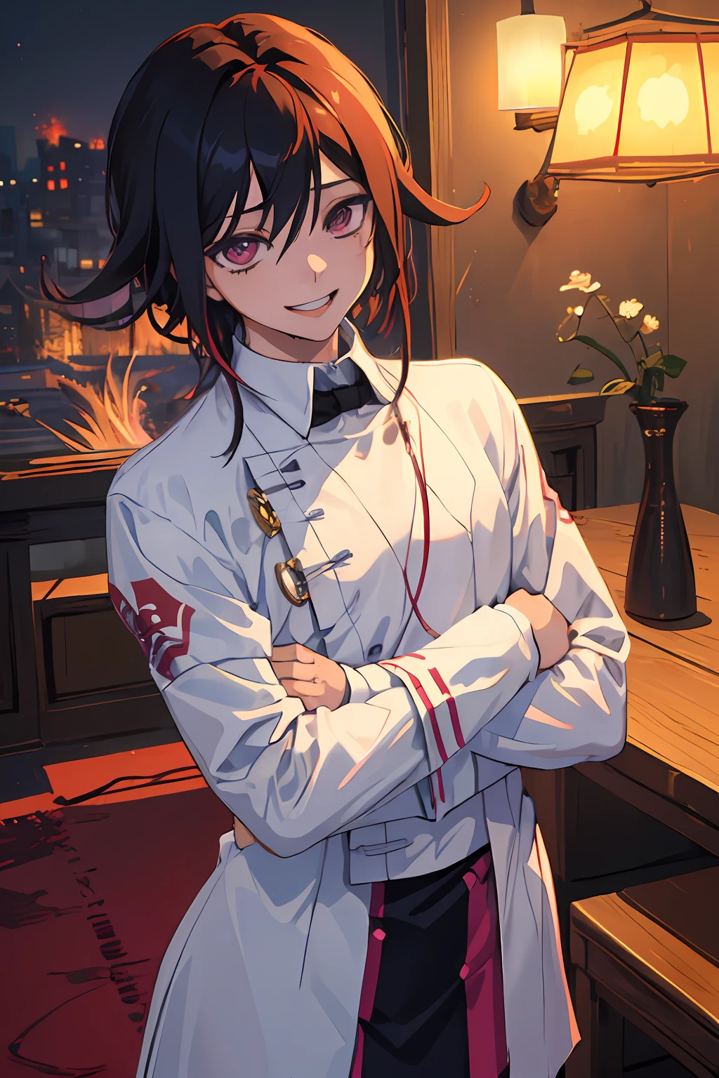 (Masterpiece, Best Quality:1.2), Cowboy shot, 独奏, male focus, 1boy, Kokichi's own, grin, looking a viewer, crossed arms, Demon Slayer Uniform, schizophrenia, Creepy abstraction in the background