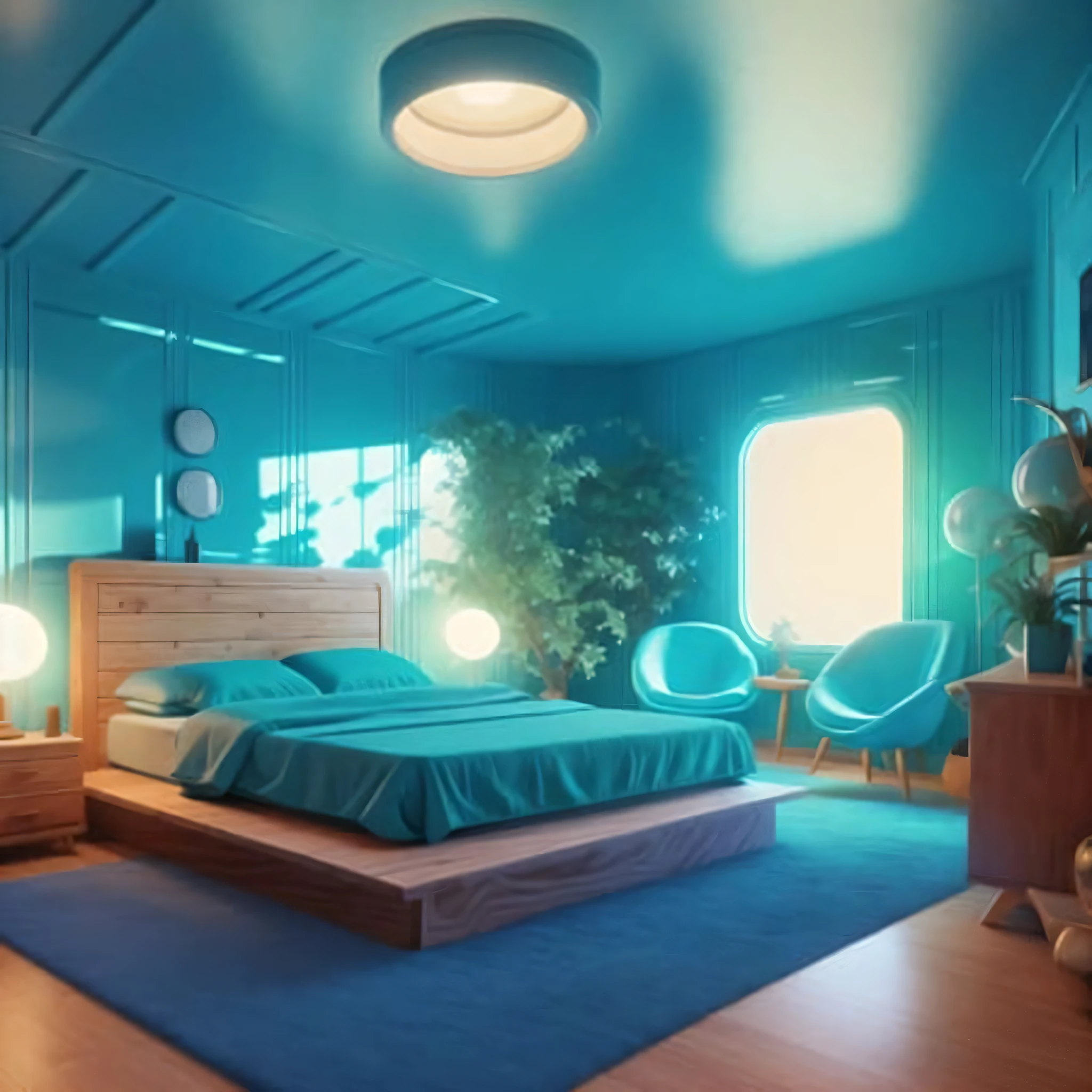 retrofuturism interior design,
 glossy cerulean color scheme
, 
 
Bedroom - A cozy and comfortable room that features a queen-sized bed with a luxurious comforter and fluffy pillows. The walls are painted a warm and inviting color, while soft lighting creates a relaxing ambiance. A dresser and nightstand made of natural wood complete the look, providing a space to store personal belongings.