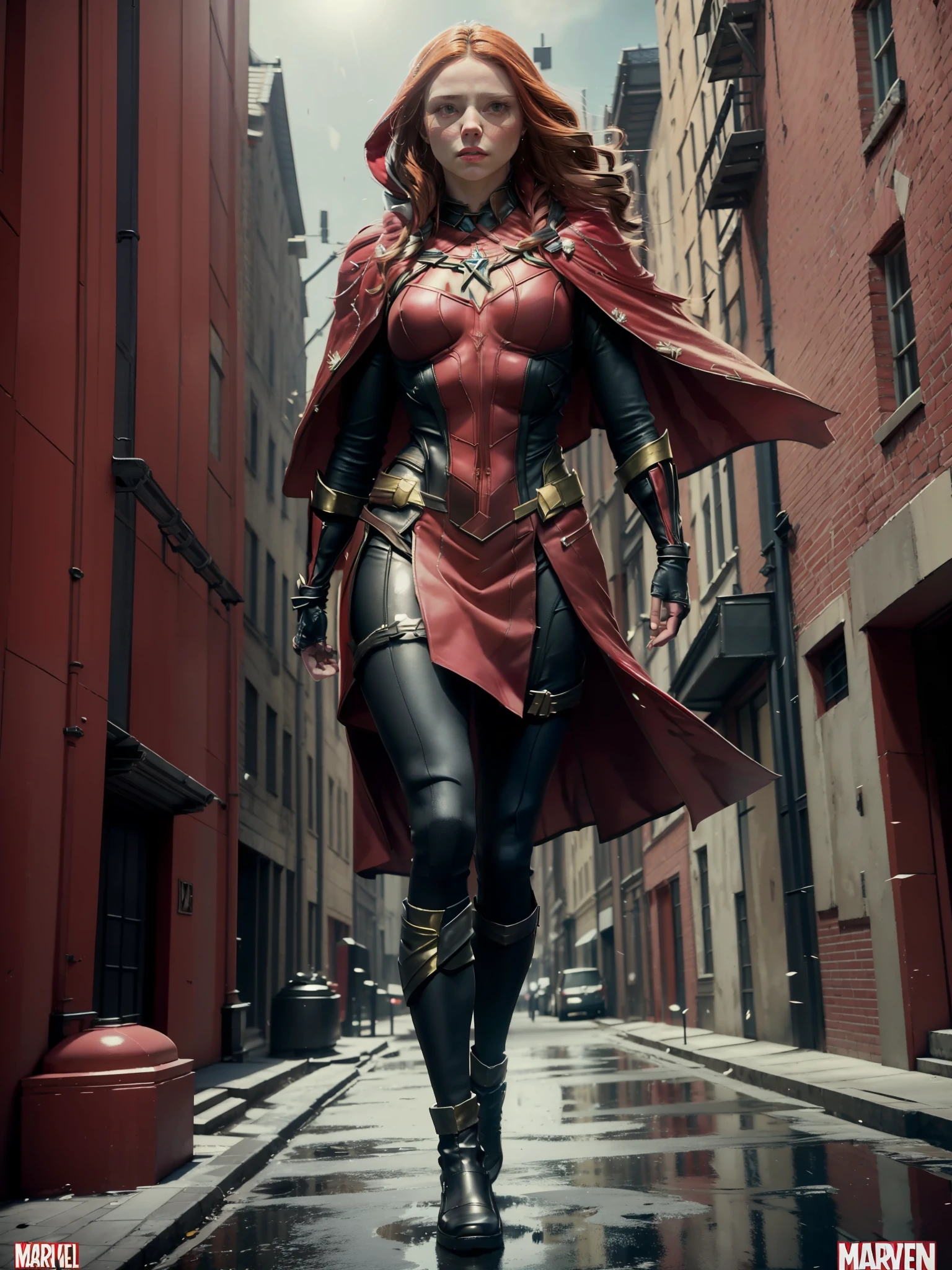 Scarlet witch, marvel, masterpiece, dinamic pose, walking forward, slow-motion, ready for a fight, realistic, hyperdetailed, unreal engine 5, 4k