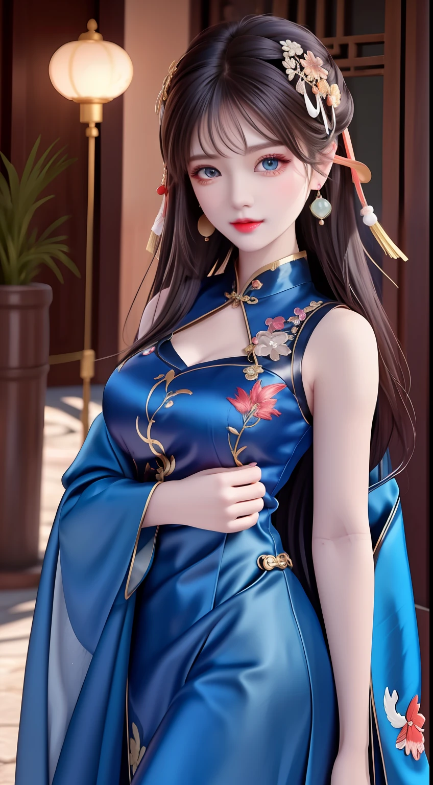 Ancient wind，Masterpiece, offcial art, Extremely detailed Cg Unity 8K wallpaper， absurderes, Best quality, Highly detailed, 8K resolution, Macro lens, Cowboy shot, Female, a beauty girl, Goddess, (Colored Contact Lenses), (lipstick), nose blush, Seductive smile, hair over shoulders,( lolitahairband), Hair ribbon, Bracelet, ring, hoop earings, Drop earrings，high detal，8K resolution，A masterpiece，highest  quality，filigree，tmasterpiece，Beautiful，Stunning antique beauty，Perfect look，Perfectly refined and clear facial features（Meticulous facial portrayal），the most beautiful big eyes，beautiful pupil，long eyelasher，Delicate and beautiful makeup，Be red in the face，Moisturize pink lips，(((Gorgeous sleeveless silk embroidered blue phoenix robe)))，（Chinese phoenix pattern），，Black shiny hair coiled（Chinese antique hairstyle design），Beautiful hairpin hair accessories，Beautiful earring necklace，Noble temperament，Slim waist，Slender and long legs，perfect bodies，Sexy and charming，Precise and perfect human anatomy，Facing the viewer，Inside the magnificent palace，Carved fence jade，Works of masters，tmasterpiece，Best quality at best，high high quality，A high resolution，，cinmatic lighting，depth of fields，Close-up。Photo of a bust of a beautiful girl，hugs，Large chest，Red tulle Hanfu，Ancient wind，Delicate collarbones，cropped shoulders，Beautuful Women，long whitr hair，Cute beauty，Highly detailed, illustration, Cinematic lighting，Beautiful long Chinese hair，Messy hair，Close-up，Close-up