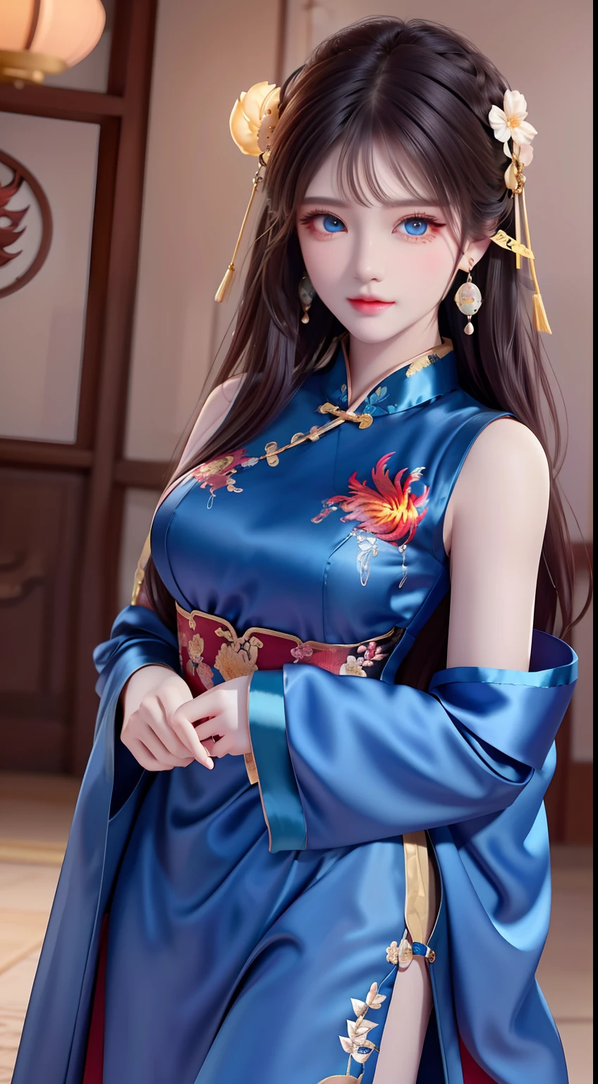 Ancient wind，Masterpiece, offcial art, Extremely detailed Cg Unity 8K wallpaper， absurderes, Best quality, Highly detailed, 8K resolution, Macro lens, Cowboy shot, Female, a beauty girl, Goddess, (Colored Contact Lenses), (lipstick), nose blush, Seductive smile, hair over shoulders,( lolitahairband), Hair ribbon, Bracelet, ring, hoop earings, Drop earrings，high detal，8K resolution，A masterpiece，highest  quality，filigree，tmasterpiece，Beautiful，Stunning antique beauty，Perfect look，Perfectly refined and clear facial features（Meticulous facial portrayal），the most beautiful big eyes，beautiful pupil，long eyelasher，Delicate and beautiful makeup，Be red in the face，Moisturize pink lips，(((Gorgeous sleeveless silk embroidered blue phoenix robe)))，（Chinese phoenix pattern），，Black shiny hair coiled（Chinese antique hairstyle design），Beautiful hairpin hair accessories，Beautiful earring necklace，Noble temperament，Slim waist，Slender and long legs，perfect bodies，Sexy and charming，Precise and perfect human anatomy，Facing the viewer，Inside the magnificent palace，Carved fence jade，Works of masters，tmasterpiece，Best quality at best，high high quality，A high resolution，，cinmatic lighting，depth of fields，Close-up。Photo of a bust of a beautiful girl，hugs，Large chest，Red tulle Hanfu，Ancient wind，Delicate collarbones，cropped shoulders，Beautuful Women，long whitr hair，Cute beauty，Highly detailed, illustration, Cinematic lighting，Beautiful long Chinese hair，Messy hair，Close-up，Close-up