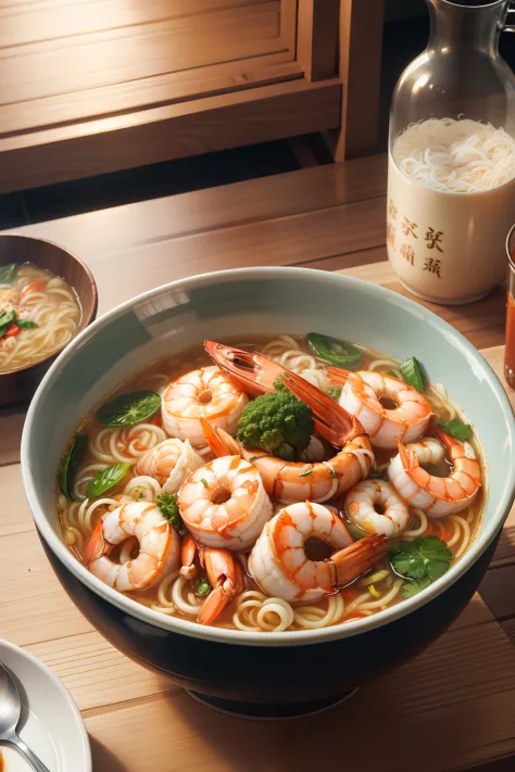 Seafood noodles, shrimp, soup, large bowl, indoors