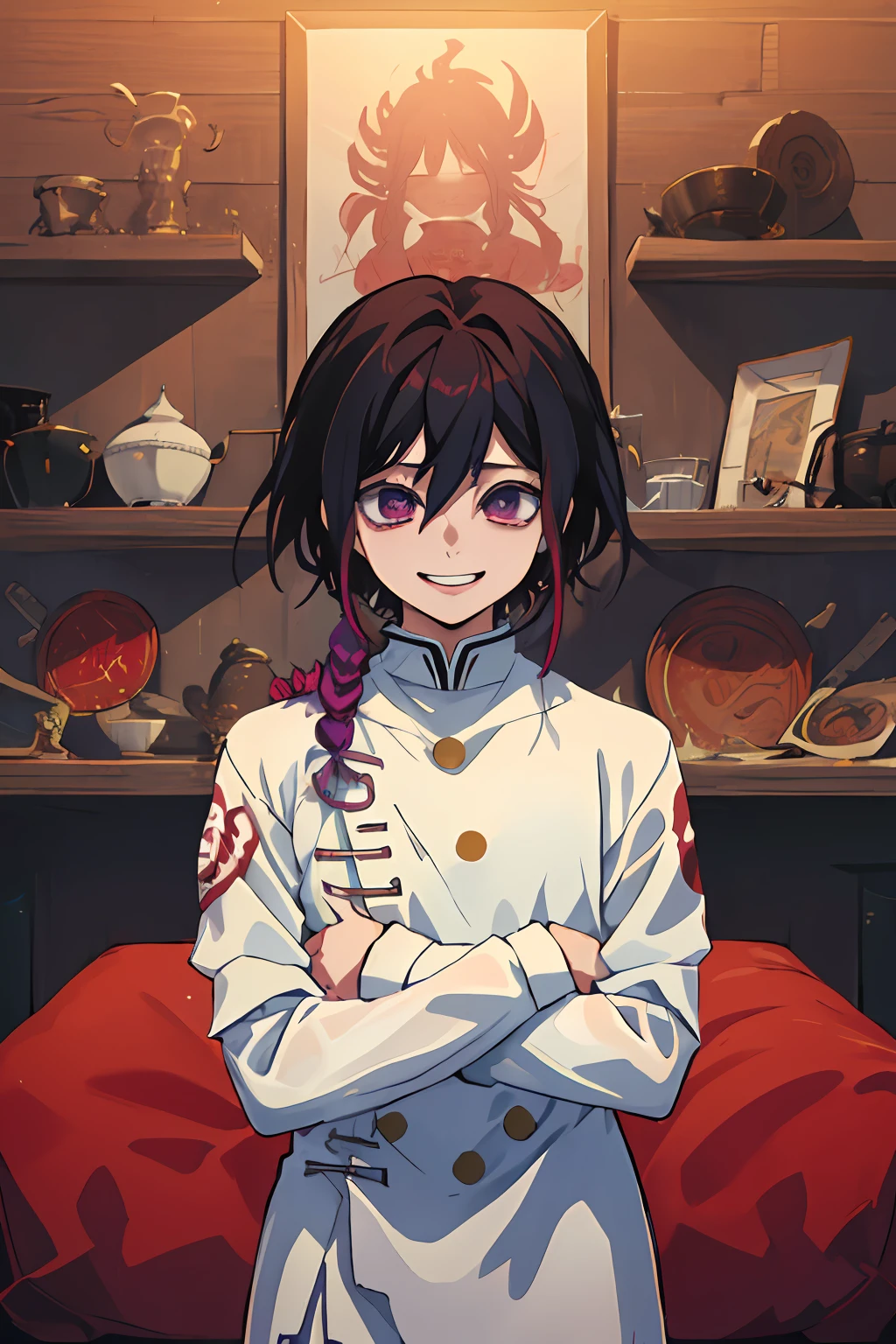 (Masterpiece, Best Quality:1.2), Cowboy shot, 独奏, male focus, 1boy, Kokichi's own, grin, looking a viewer, crossed arms, Demon Slayer Uniform, schizophrenia, Creepy abstraction in the background