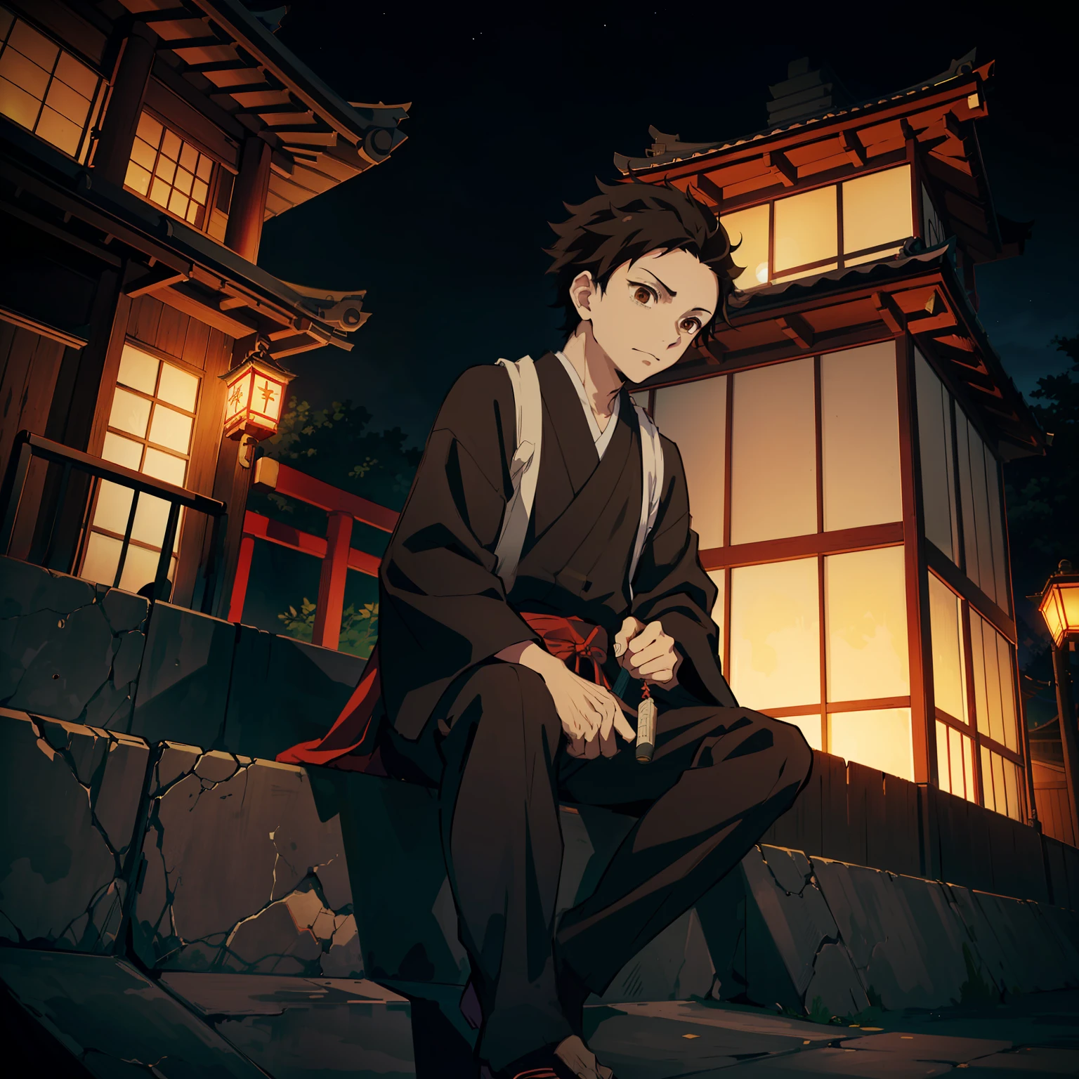 the anime, (Best Quality), ((1guy)), Sitting on the steps of the temple, (Night landscape in a Japanese temple), ((Ultra-short black hair)), ((Impassive brown eyes)), japanese clothes, black kimono, a waist belt, The Art of the Demon Slayer, demon slayer artstyle, kimetsu no yaiba