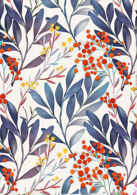 Close up of leaf and berry pattern on white background, textile print, vintage art, Repetitive patterns, Wallpapers, cozy calm! botanical watercolors, floral patterns, The subject, “berries, Ginger, 256x256, 2 5 6 x 2 5 6, fine art, fine art