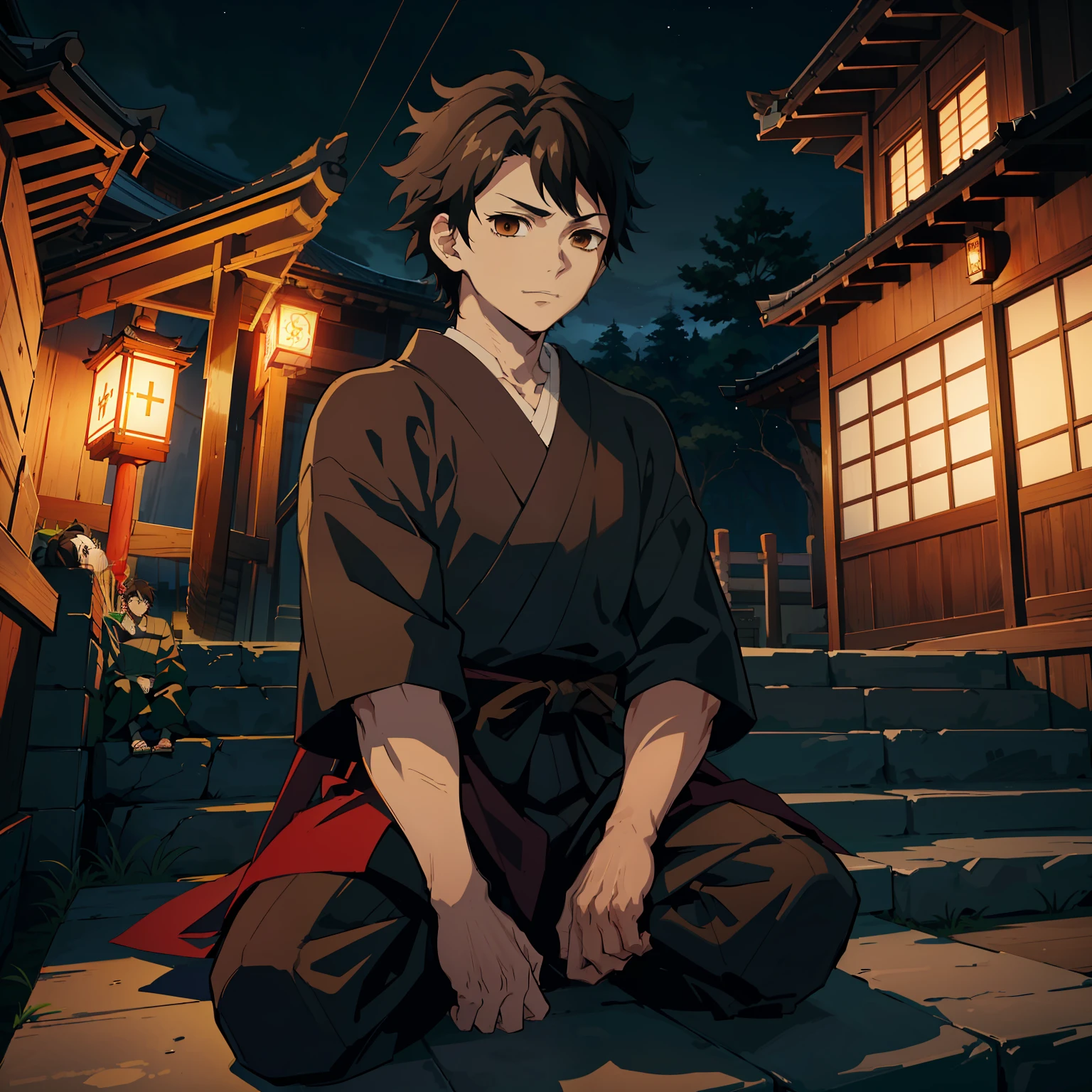 the anime, (Best Quality), ((1guy)), Sitting on the steps of the temple, (Night landscape in a Japanese temple), ((Ultra-short black hair)), ((Impassive brown eyes)), japanese clothes, black kimono, a waist belt, The Art of the Demon Slayer, demon slayer artstyle, kimetsu no yaiba