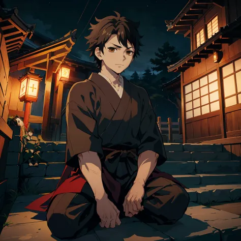 the anime, (Best Quality), ((1guy)), Sitting on the steps of the temple, (Night landscape in a Japanese temple), ((Ultra-short b...