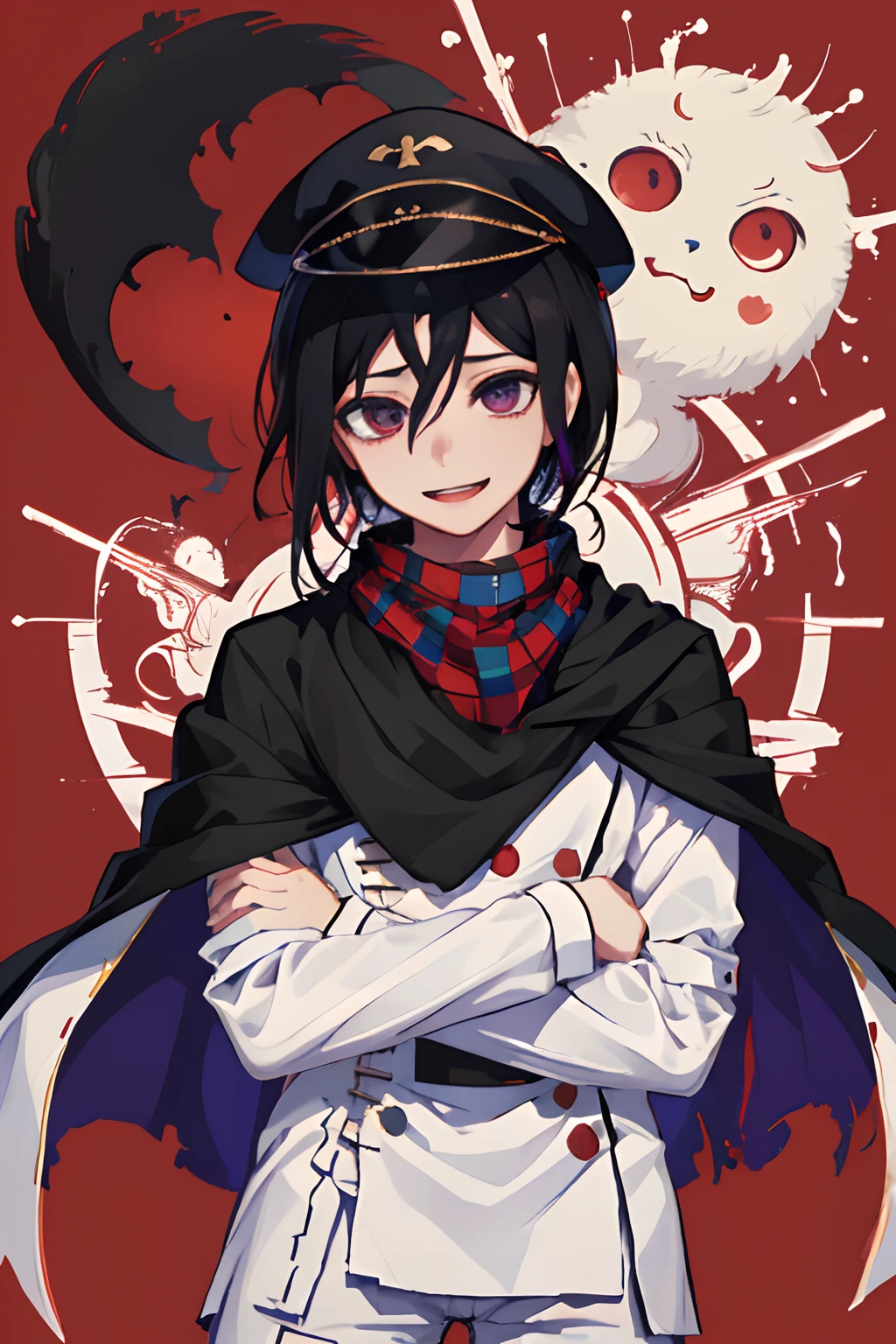 (Masterpiece, Best Quality:1.2), Cowboy shot, solo, male focus, 1boy, Own kokichi, grin, looking a viewer, crossed arms, peaked cap, jacket, Buttons, black cape, white pants, tartan scarf, black and red background, schizophrenia, Creepy abstraction in the background