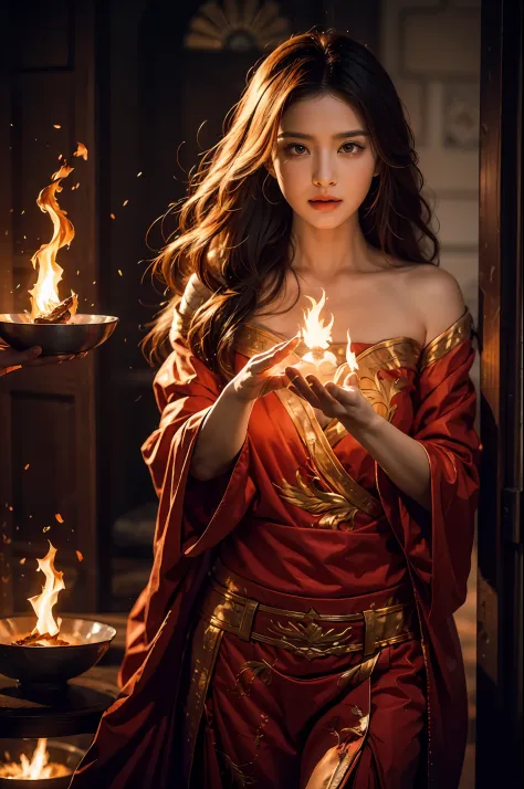 1girll，Flame mage dressed in fiery red（Chinese Hanfu），The robe was embroidered with intricate runes and ornaments，Exudes a burni...