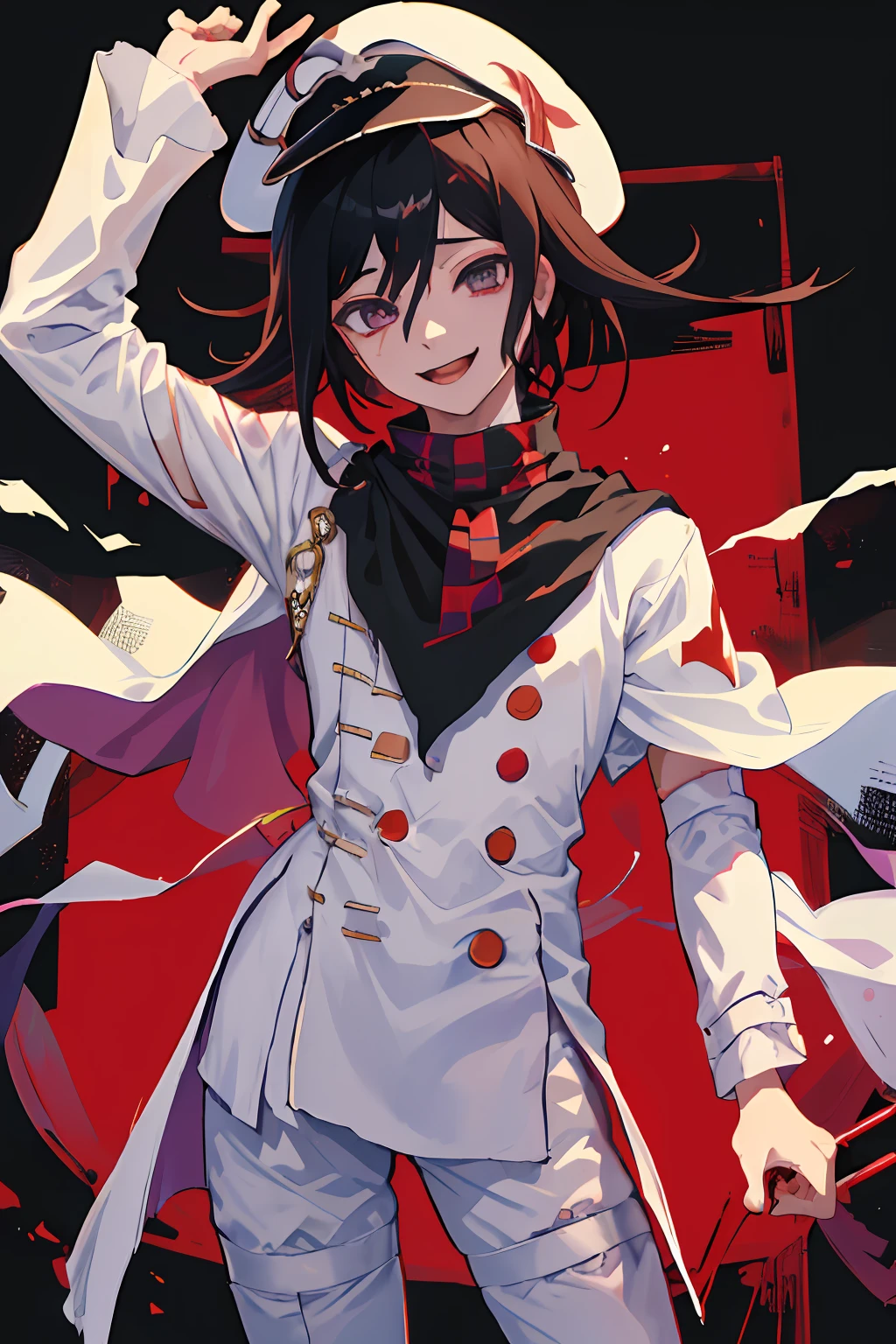 (Masterpiece, Best Quality:1.2), Cowboy shot, 独奏, male focus, 1boy, Own kokichi, grin, looking a viewer, crossed arms, peaked cap, jacket, Buttons, black cape, white pants, tartan scarf, black and red background, schizophrenia, Creepy abstraction in the background