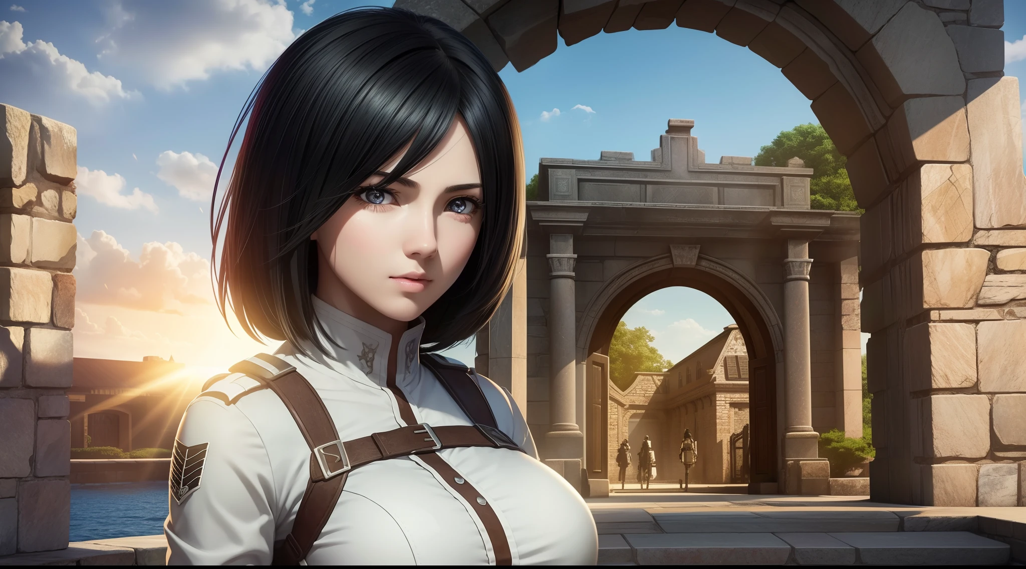 focused upper body, 1 girl, mikasa ackerman, big breast bust, sparkling eyes, (((tall stone gate background))), Colorful beautiful girl: black hair, nice perfect face with soft skinice perfect face, intricate detail, splash screen, 8k resolution, masterpiece, artstation digital painting smooth, 8k resolution photorealistic masterpiece, professional photography, natural lighting, volumetric lighting maximalist photoillustration: by marton bobzert