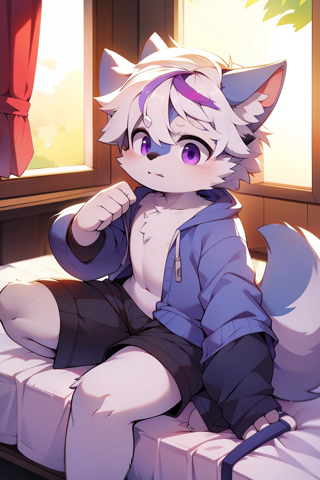 solo person，shaggy male，hairy chest，coyote，canid，Gray fur，long  white hair，The ends of the hair are purple，a purple eye，Bullied，adolable，Handsome，large tail，full bodyesbian，stretched action，stretched action，on top of the bed，Wear cute pajamas，Being in the room