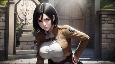 focused upper body, 1 girl, mikasa ackerman, big breast bust, sparkling eyes, (((tall stone gate background))), Colorful beautiful girl: black hair, nice perfect face with soft skinice perfect face, intricate detail, splash screen, 8k resolution, masterpie...