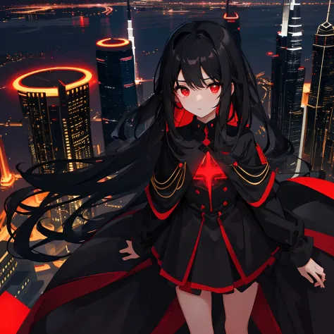 a loli with long black hair, red glowing eyes, petite body, black suit, standing on ledge overlooking city skyline at night, bur...