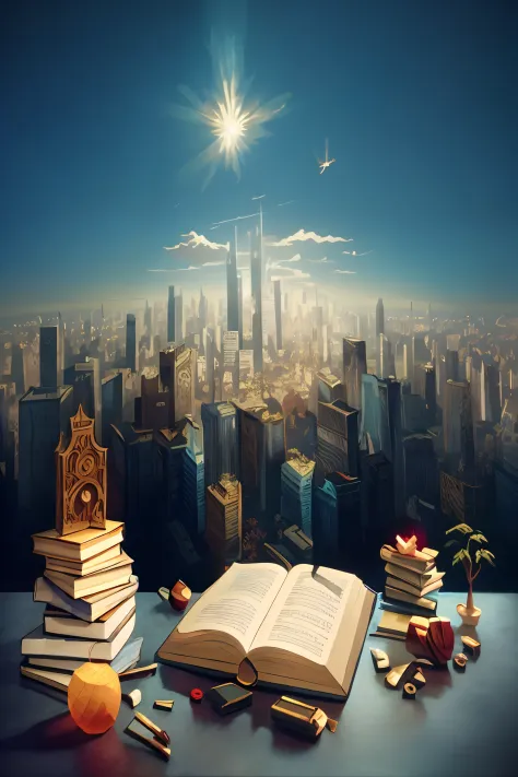 There was a book and a pencil on the table，The background is a city, Surreal cityscape background, detailed book illustration, 3 d epic illustrations, storybook realism, magic realism matte painting, optimistic matte painting, fantasy book illustration, bo...