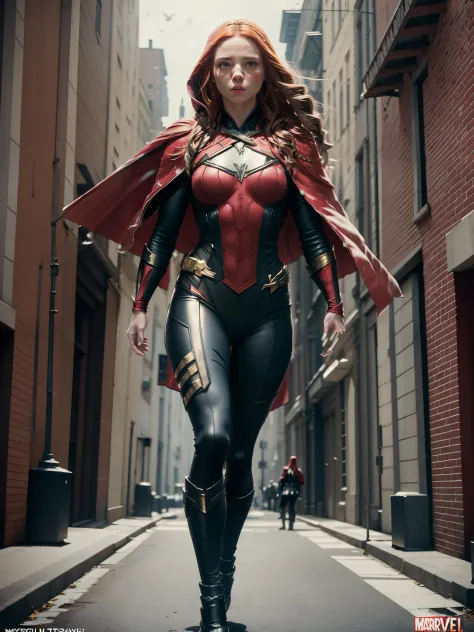 Scarlet witch, marvel, masterpiece, dinamic pose, walking forward, slow-motion, ready for a fight, realistic, hyperdetailed, unr...