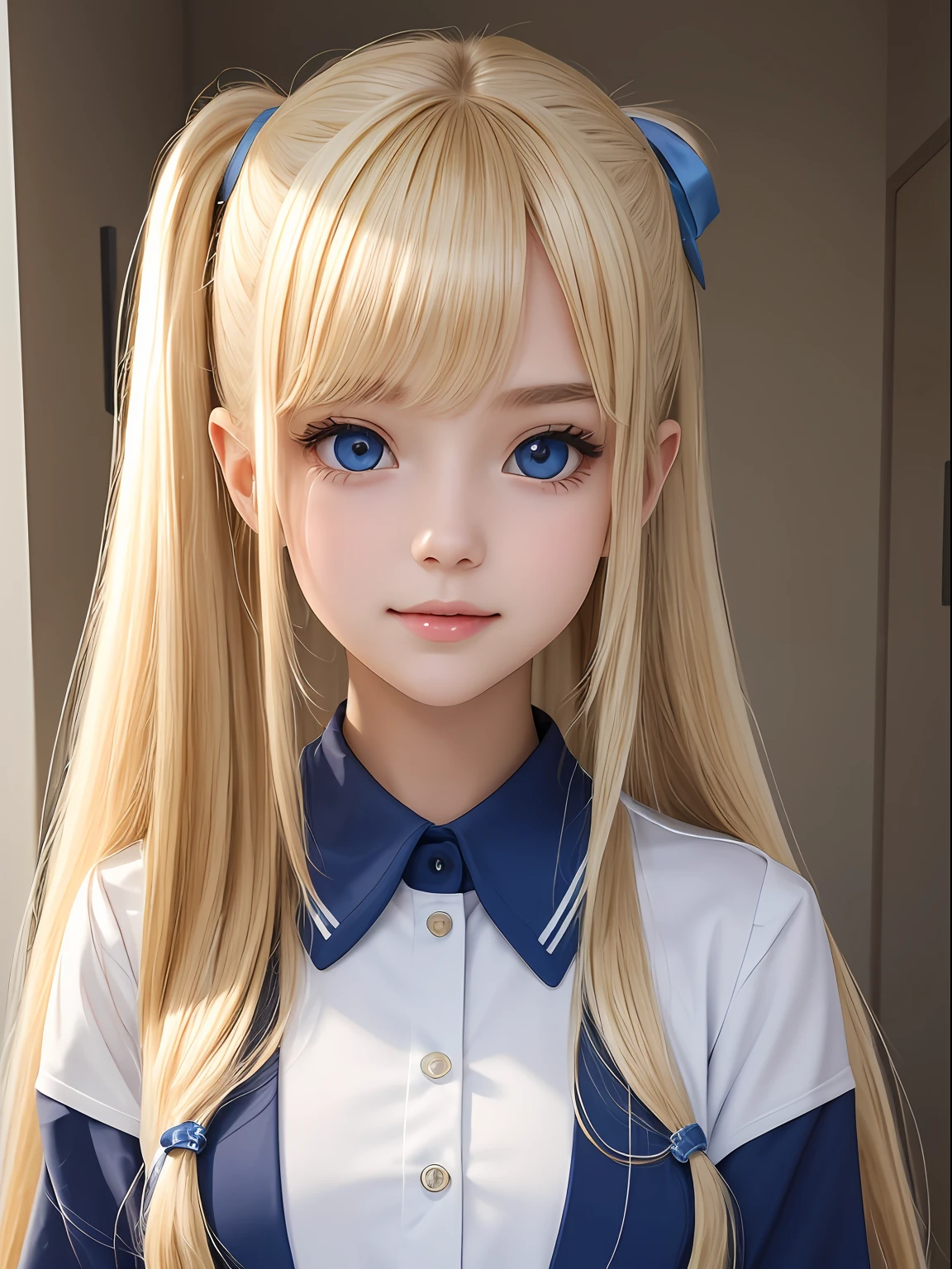 portlate、School Uniforms、bright expression、poneyTail、Young shiny shiny white shiny skin、ultimate beauty girl、Best Looks、Blonde reflected light、Blonde hair with dazzling highlights、shiny light hair,、Super long silky straight hair、Beautiful bangs that shine、Glowing crystal clear attractive big blue eyes、Very beautiful nice cute 16 year old girl、Lush bust