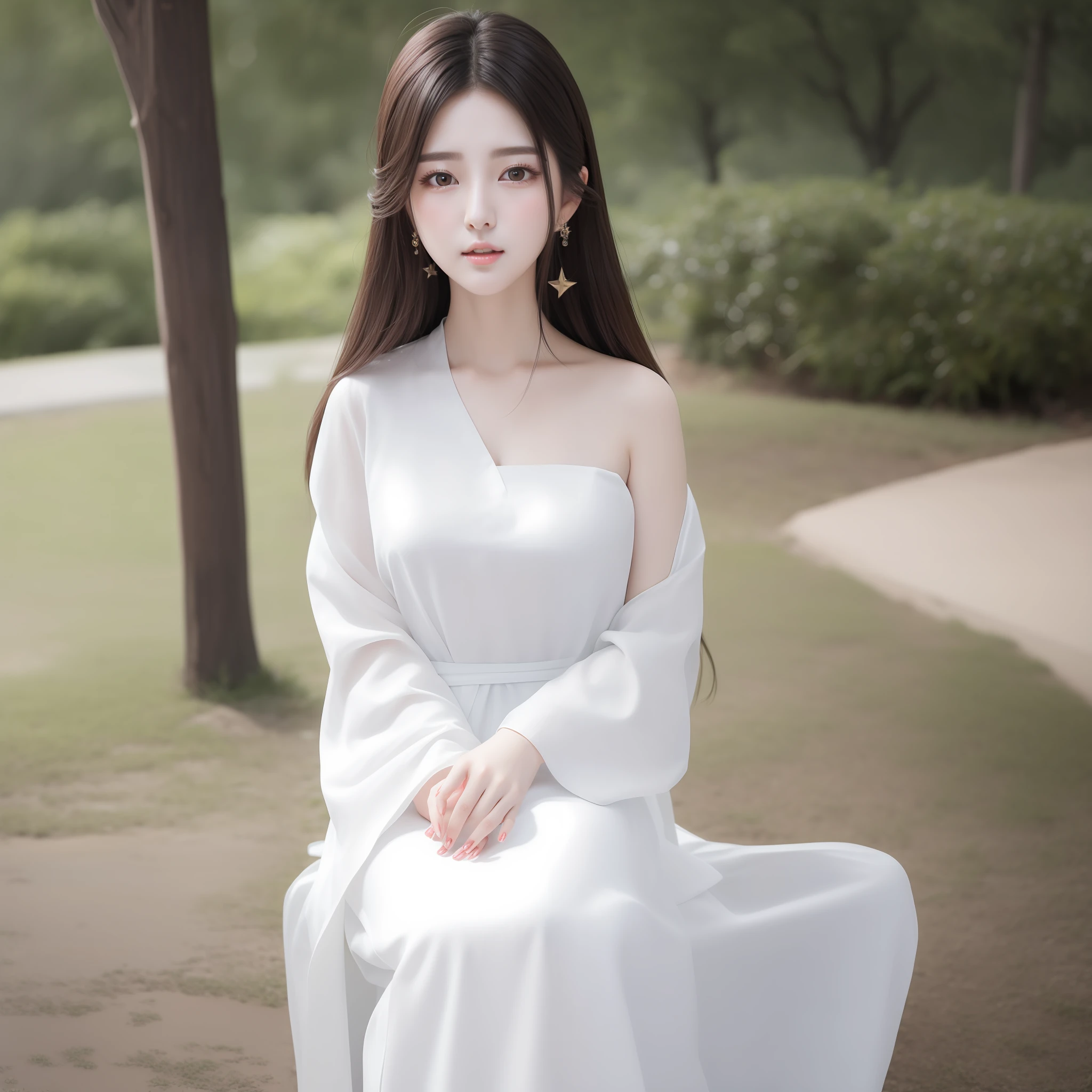 (1 cute Korean star) realistic photo, shoulder-length hair,full body, light makeup, medium breast size, white antique long dress, in school, clear facial features, 8K high resolution, clear and realistic details.