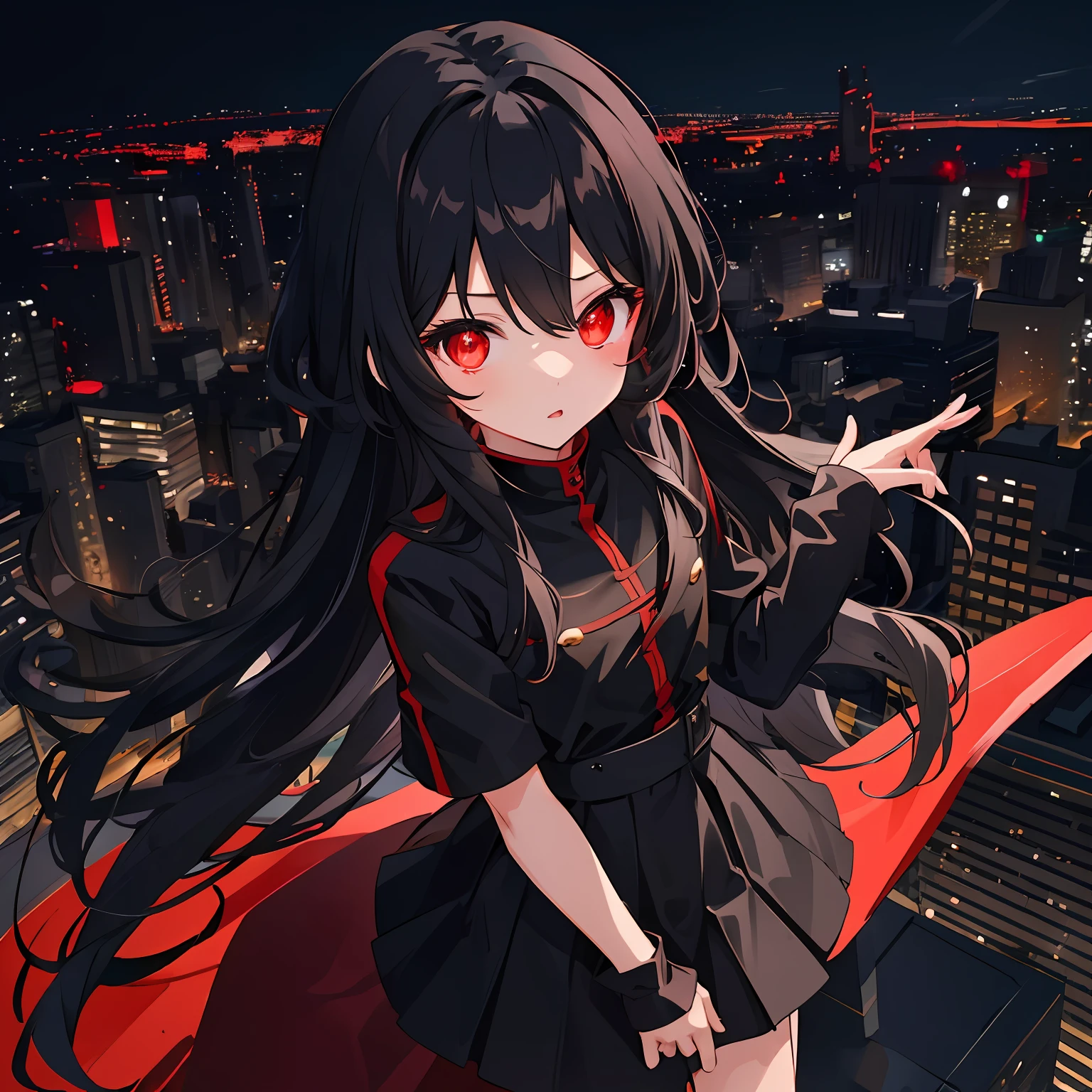 a loli cutie with long black hair, red glowing eyes, petite body, black suit, standing on ledge overlooking city skyline at night