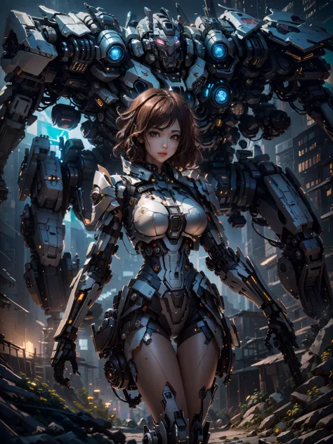 ((Best Quality)), ((Masterpiece)), (Very Detailed:1.3), 3D, Shitu-mecha, Beautiful cyberpunk woman with her pink mech in the rui...