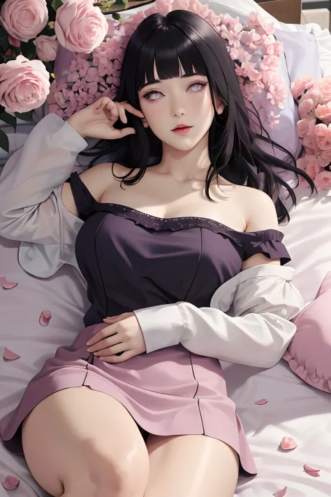 masterpiece, absurdres, hinata hyuga, 1girl, solo,mature female, off shoulder lace mini dress, looking at viewer, (falling petals), perfect composition, detailed lips, big breast, beautiful face, body propotion, blush, (pink lips), long hair, purple eyes, ...