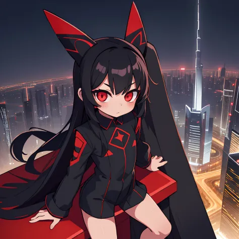 a loli cutie with long black hair, red glowing eyes, petite body, black suit, standing on ledge overlooking city skyline at nigh...