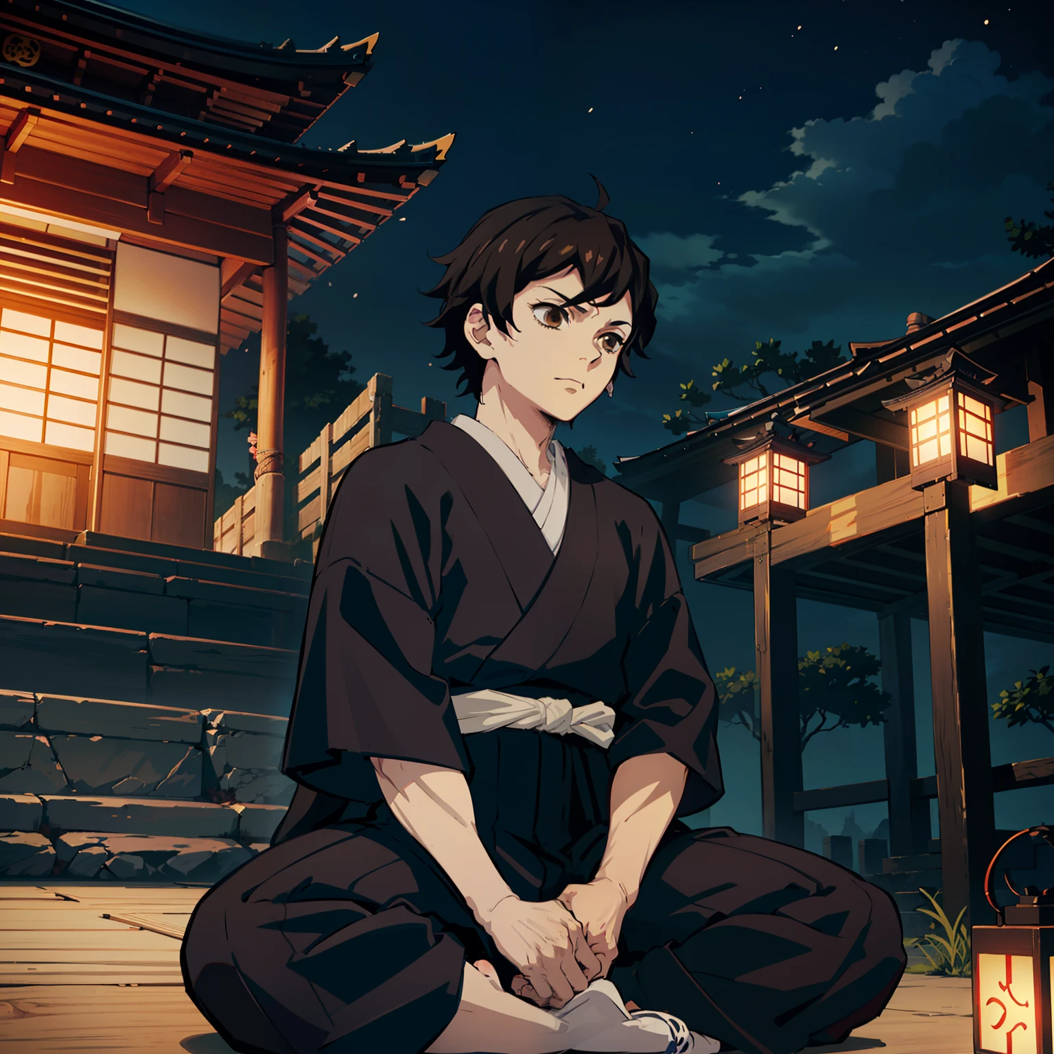 the anime, (Best Quality), ((1guy)), Sitting on the steps of the temple, (Night landscape in a Japanese temple), ((Ultra-short black hair)), ((Impassive brown eyes)), japanese clothes, black kimono, a waist belt, The Art of the Demon Slayer, demon slayer artstyle, kimetsu no yaiba