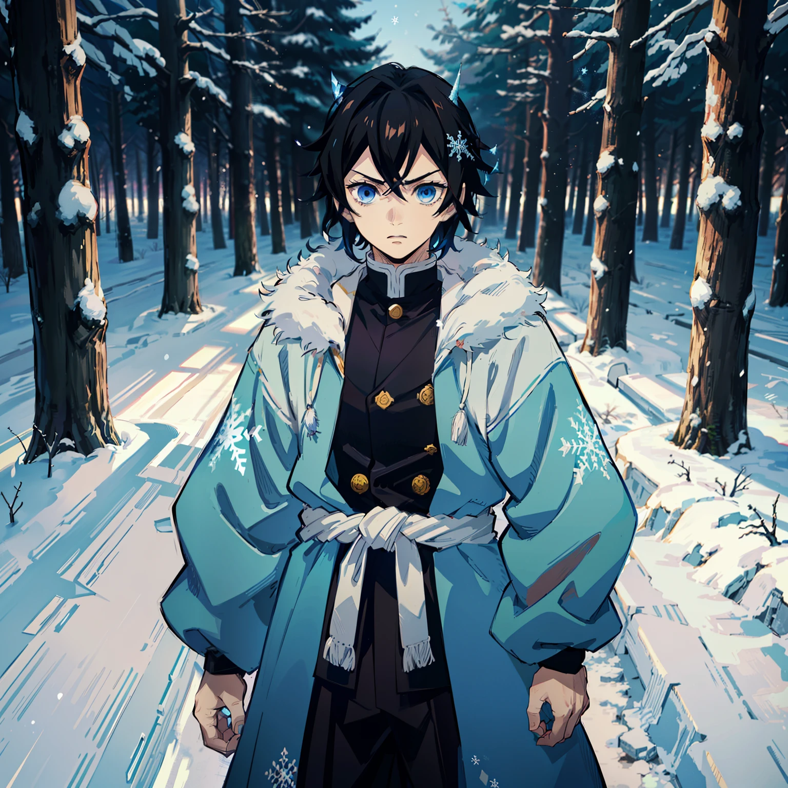 the anime, (Best Quality), 1guy, stands still, (Wide body), (Snow-covered forest with sunset), ((messy black hair)), (ultra short hair), ((Impassive blue eyes)), japanese clothes, Open blue coat ((blue with snowflake patterns)), ((hem at the waist)), The Art of the Demon Slayer, demon slayer artstyle, kimetsu no yaiba