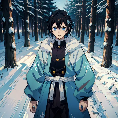 the anime, (Best Quality), 1guy, stands still, (Wide body), (Snow-covered forest with sunset), ((messy black hair)), (ultra shor...