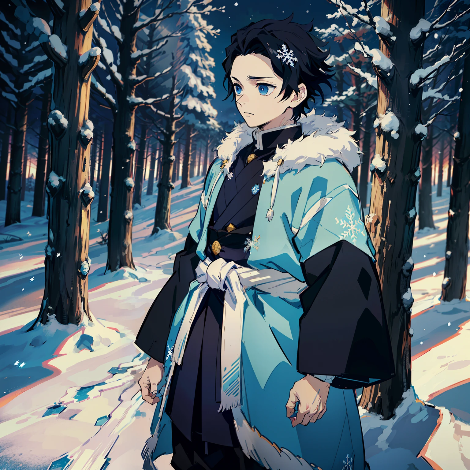 the anime, (Best Quality), 1guy, stands still, (broad-shouldered), (Snow-covered forest with sunset), messy black hair (short), ((Impassive blue eyes)), japanese clothes, Open blue coat ((blue with snowflake patterns)), ((hem at the waist)), The Art of the Demon Slayer, demon slayer artstyle, kimetsu no yaiba