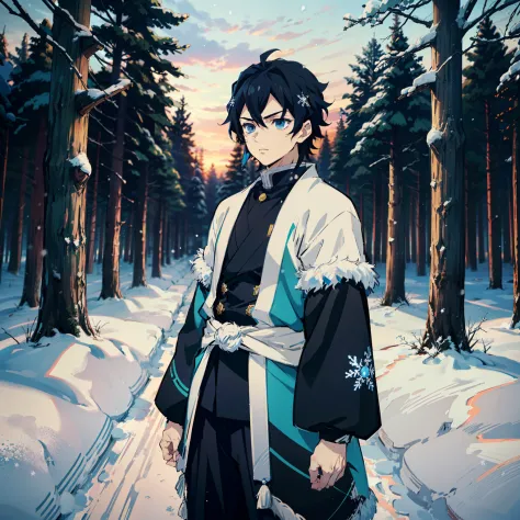 the anime, (Best Quality), 1guy, stands still, (broad-shouldered), (Snow-covered forest with sunset), messy black hair (short), ...